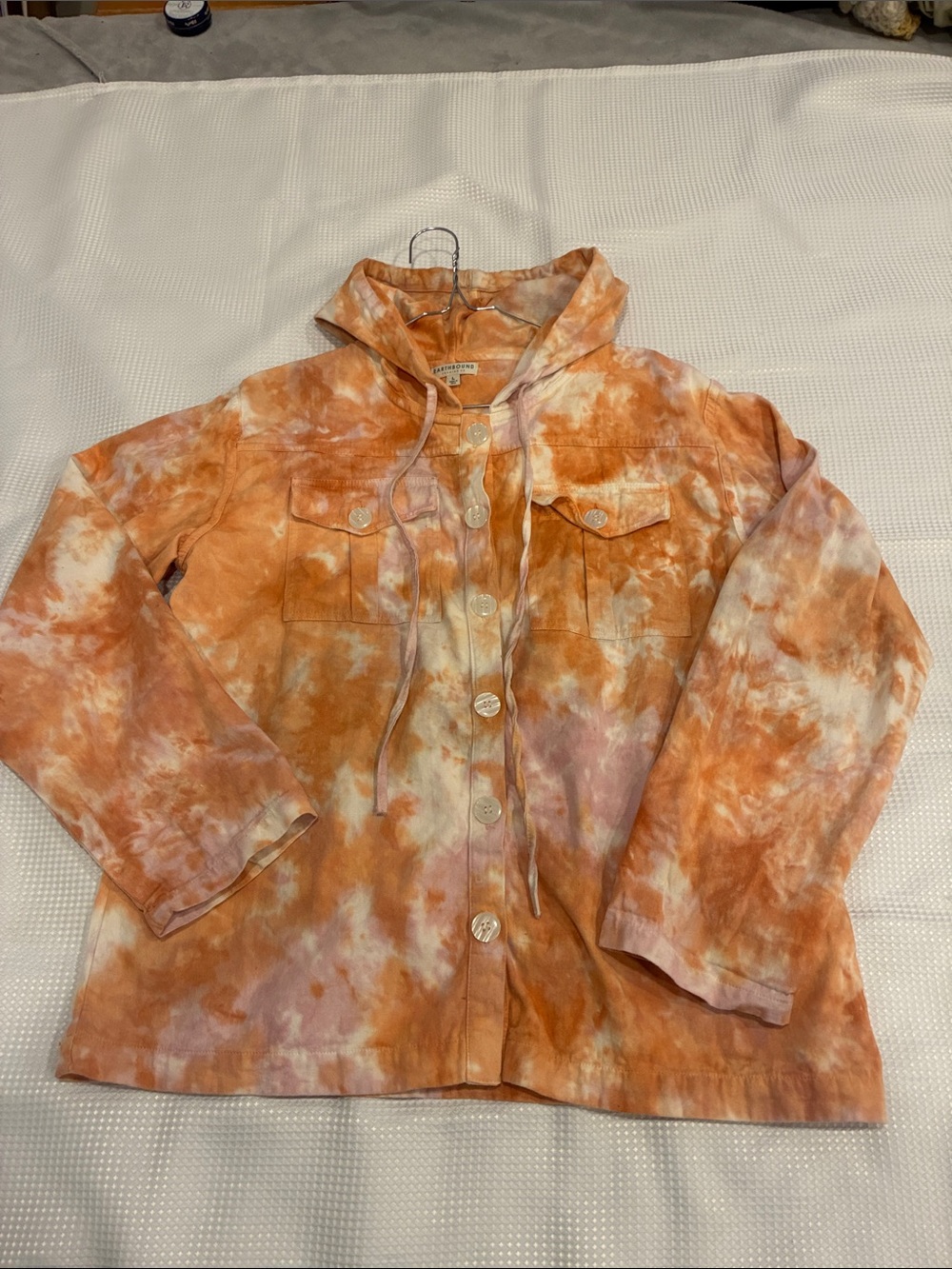Tie-Dye Hooded Button Jacket - Orange & Cream with earth mother design retro